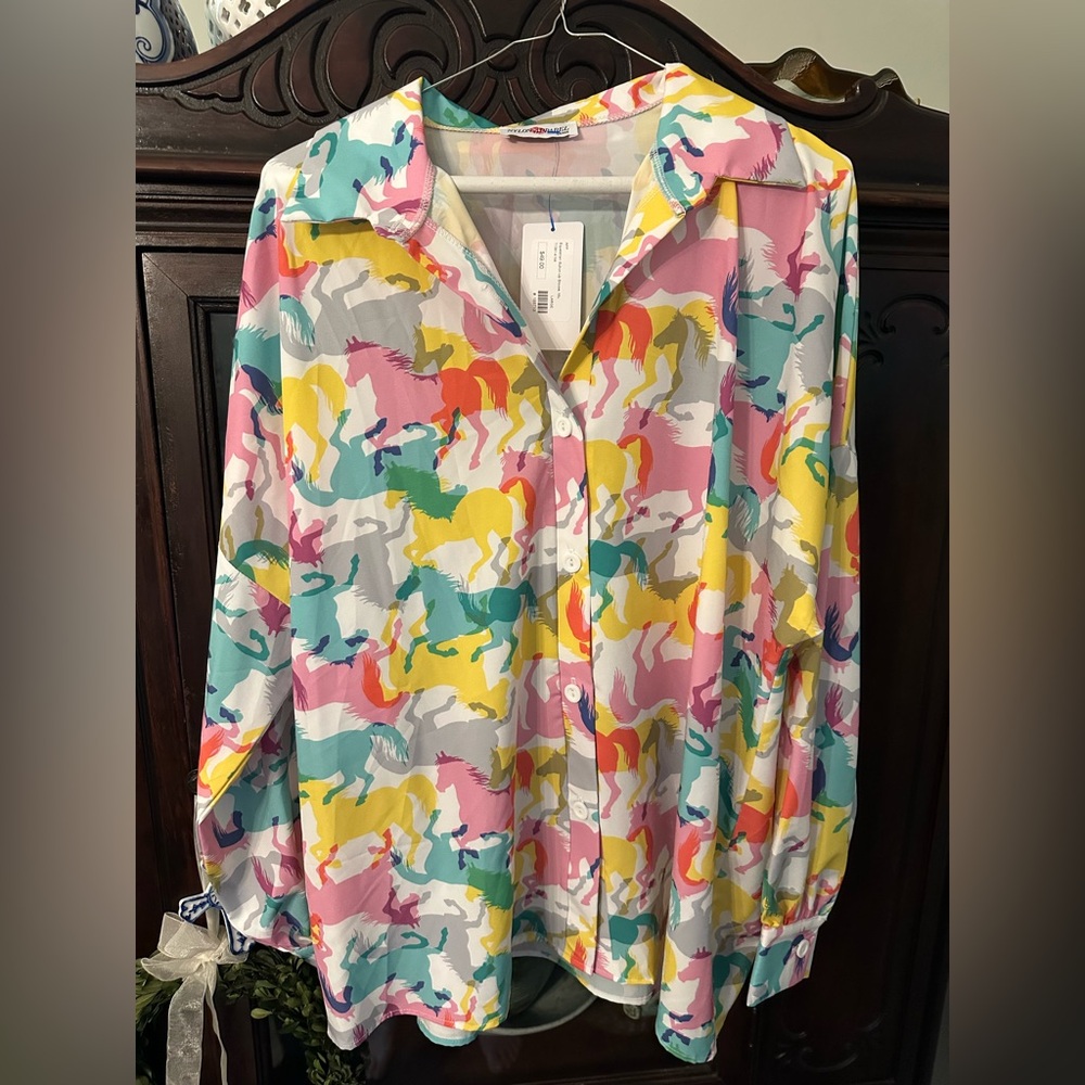Colorful Horse Print Button-Up Shirt
